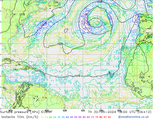 Isotachs (kph) ECMWF чт 30.05.2024 18 UTC