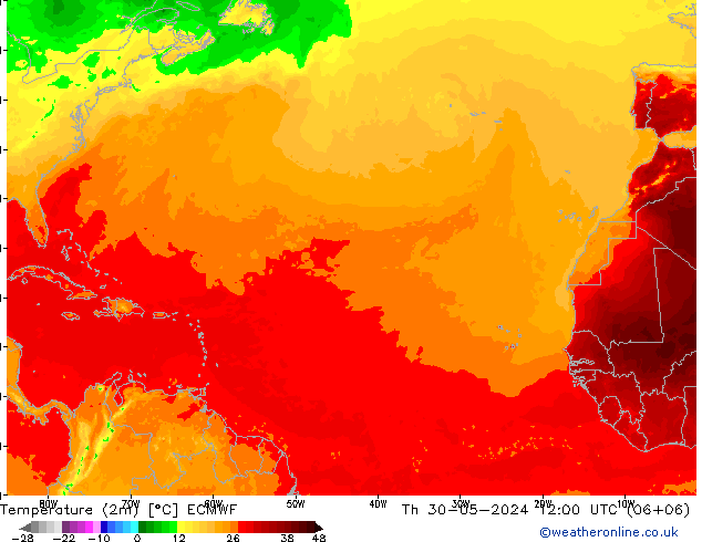 Temperatura (2m) ECMWF Qui 30.05.2024 12 UTC