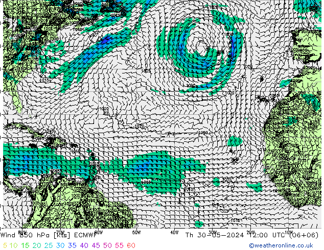 Wind 850 hPa ECMWF do 30.05.2024 12 UTC