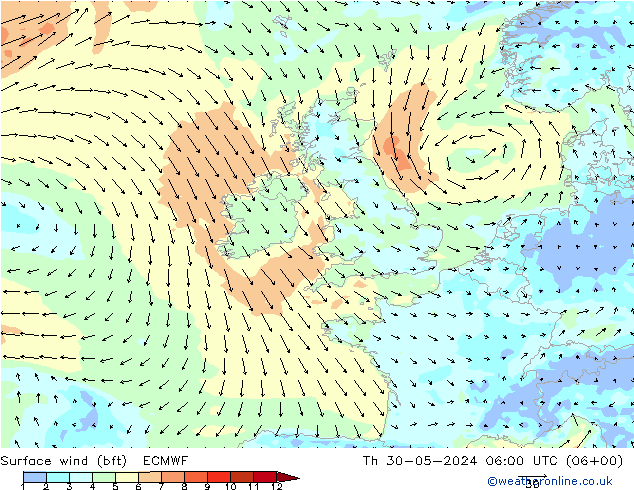 Vent 10 m (bft) ECMWF jeu 30.05.2024 06 UTC