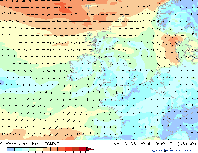 Vento 10 m (bft) ECMWF Seg 03.06.2024 00 UTC