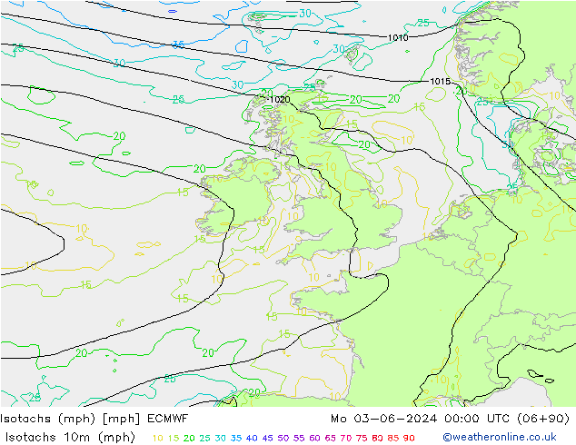 Izotacha (mph) ECMWF pon. 03.06.2024 00 UTC