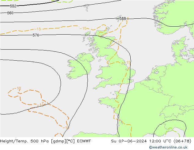 Height/Temp. 500 hPa ECMWF dom 02.06.2024 12 UTC