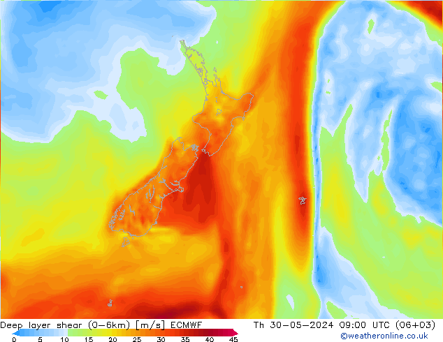 Deep layer shear (0-6km) ECMWF Čt 30.05.2024 09 UTC