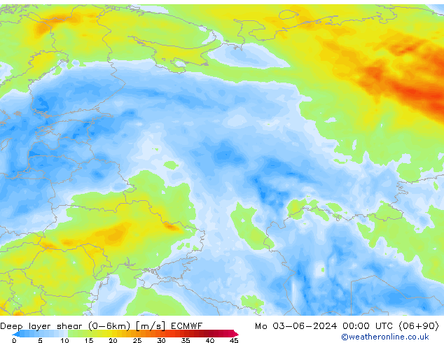 Deep layer shear (0-6km) ECMWF lun 03.06.2024 00 UTC