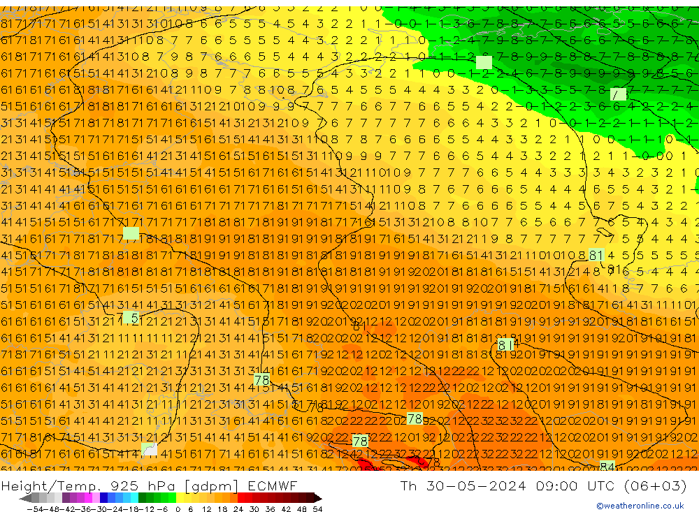 Height/Temp. 925 hPa ECMWF Qui 30.05.2024 09 UTC