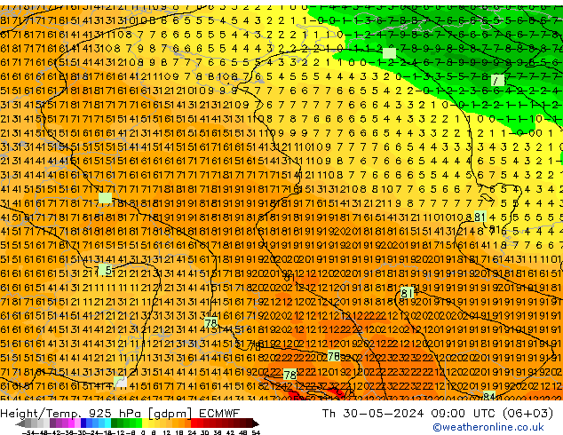 Height/Temp. 925 hPa ECMWF Th 30.05.2024 09 UTC