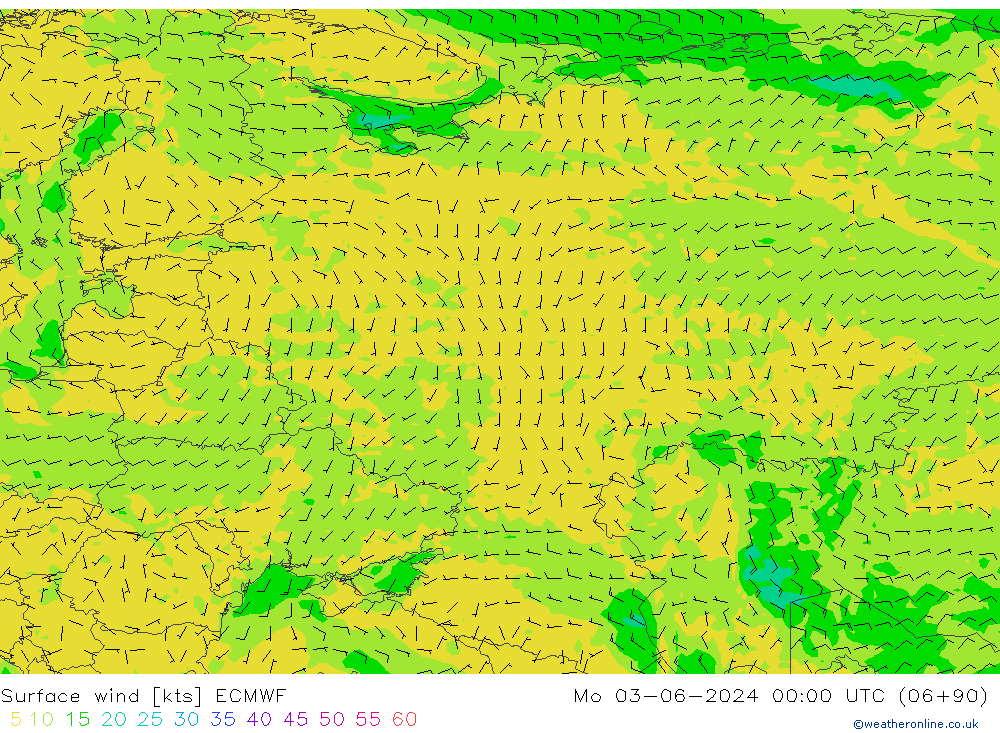 wiatr 10 m ECMWF pon. 03.06.2024 00 UTC
