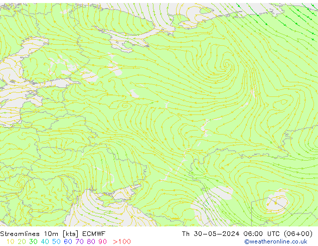 Stroomlijn 10m ECMWF do 30.05.2024 06 UTC