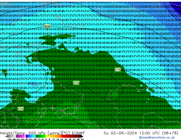 Z500/Rain (+SLP)/Z850 ECMWF dom 02.06.2024 12 UTC