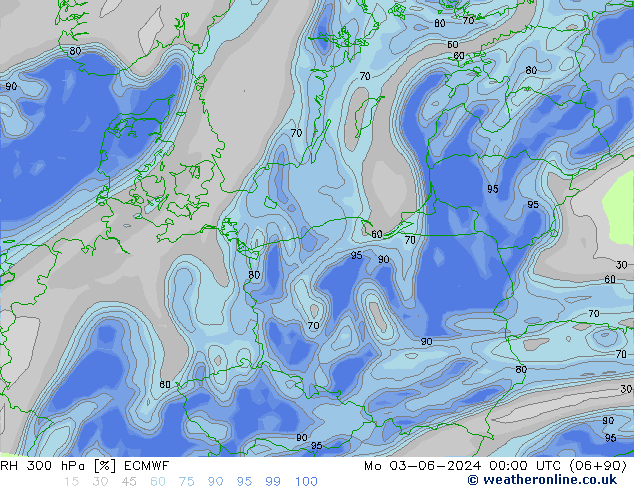 RH 300 гПа ECMWF пн 03.06.2024 00 UTC