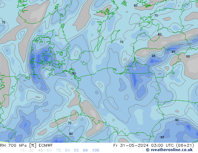 Humedad rel. 700hPa ECMWF vie 31.05.2024 03 UTC