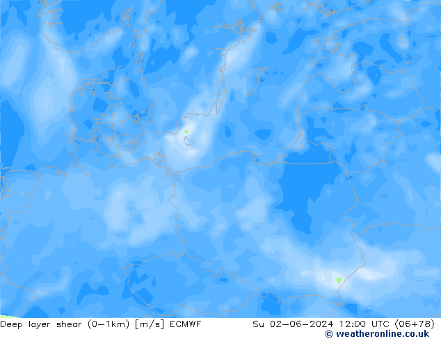 Deep layer shear (0-1km) ECMWF dim 02.06.2024 12 UTC