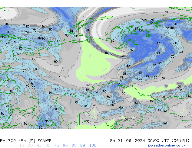 RH 700 hPa ECMWF So 01.06.2024 09 UTC