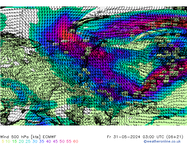 Wind 500 hPa ECMWF Fr 31.05.2024 03 UTC