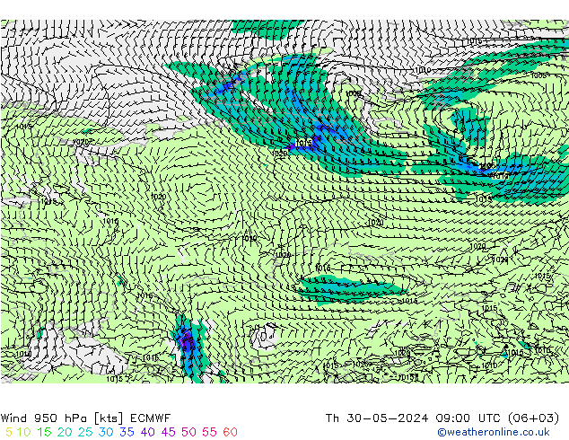Wind 950 hPa ECMWF Čt 30.05.2024 09 UTC