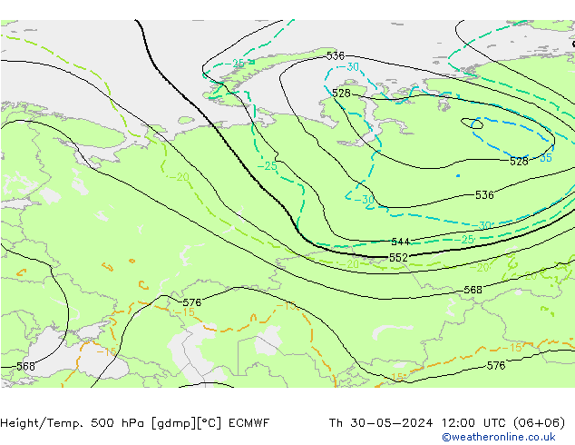 Z500/Rain (+SLP)/Z850 ECMWF Th 30.05.2024 12 UTC