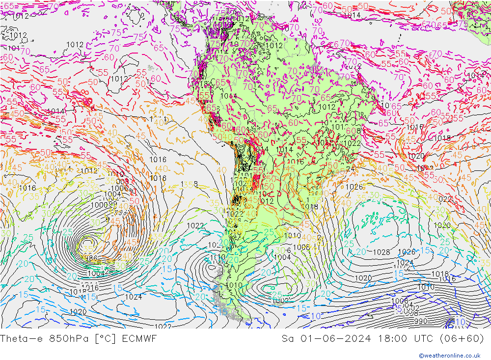 Theta-e 850hPa ECMWF Sa 01.06.2024 18 UTC