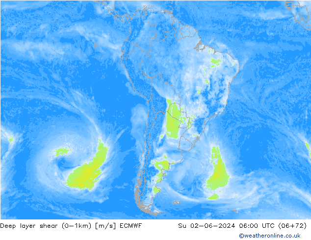 Deep layer shear (0-1km) ECMWF Paz 02.06.2024 06 UTC