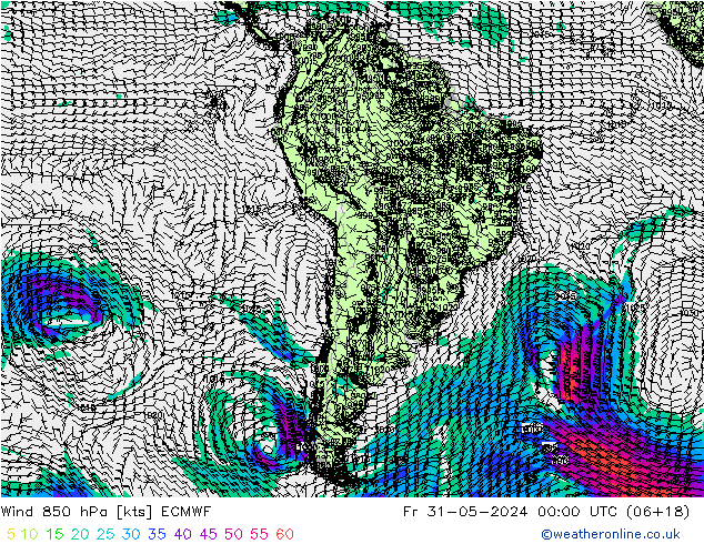 wiatr 850 hPa ECMWF pt. 31.05.2024 00 UTC