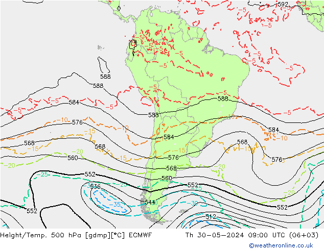 Height/Temp. 500 hPa ECMWF Do 30.05.2024 09 UTC