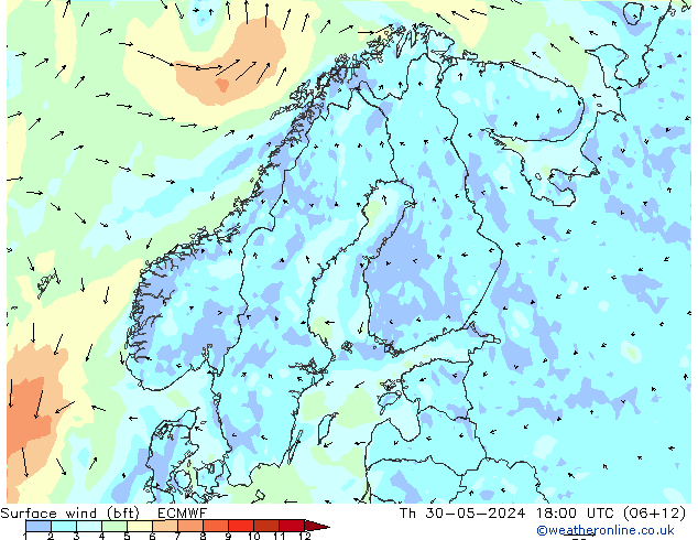 Viento 10 m (bft) ECMWF jue 30.05.2024 18 UTC