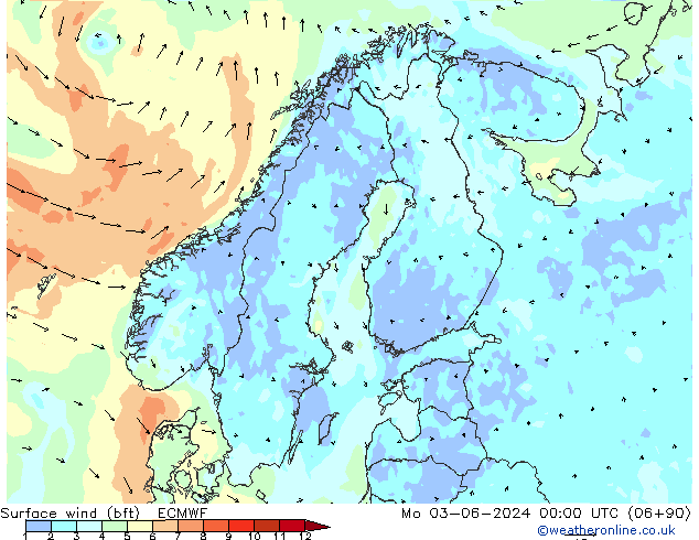 wiatr 10 m (bft) ECMWF pon. 03.06.2024 00 UTC