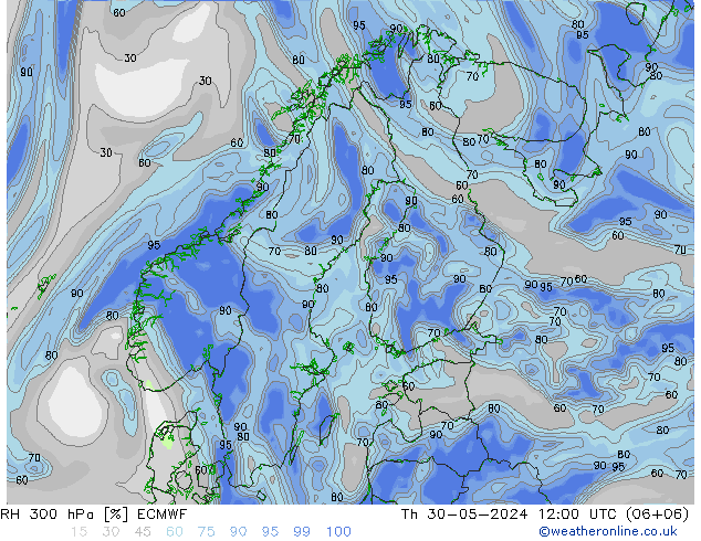 RH 300 hPa ECMWF Qui 30.05.2024 12 UTC