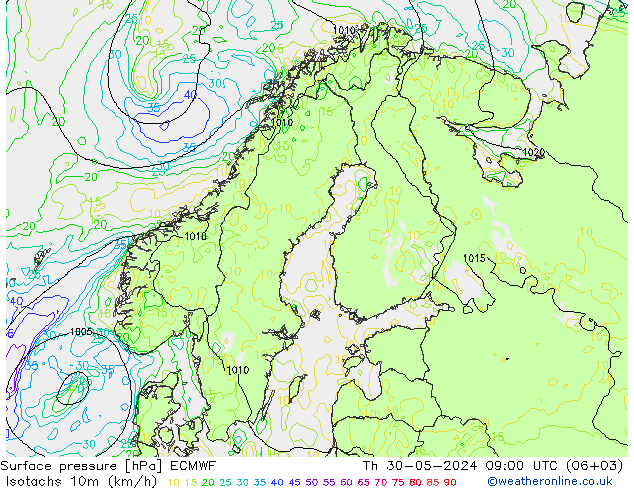 Isotachen (km/h) ECMWF do 30.05.2024 09 UTC
