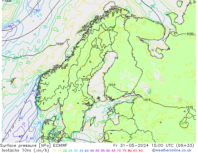 Isotachen (km/h) ECMWF Fr 31.05.2024 15 UTC