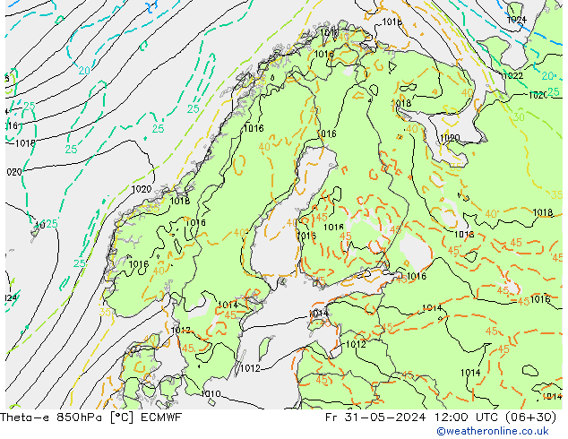 Theta-e 850hPa ECMWF ven 31.05.2024 12 UTC