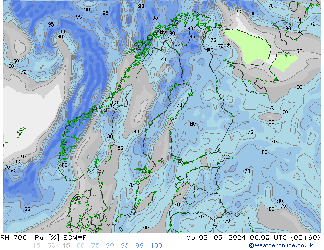 RH 700 hPa ECMWF Seg 03.06.2024 00 UTC