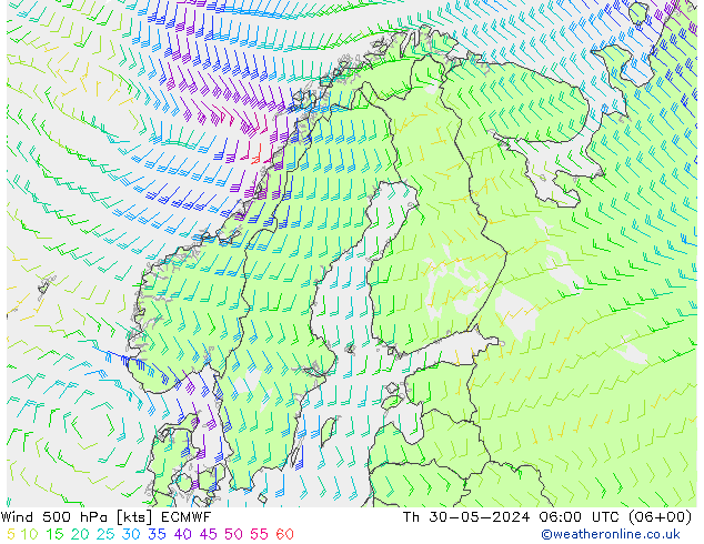 Wind 500 hPa ECMWF Čt 30.05.2024 06 UTC