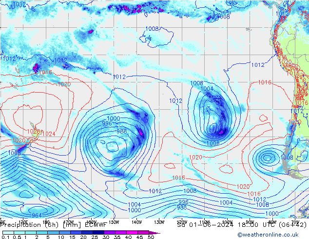 Totale neerslag (6h) ECMWF za 01.06.2024 00 UTC