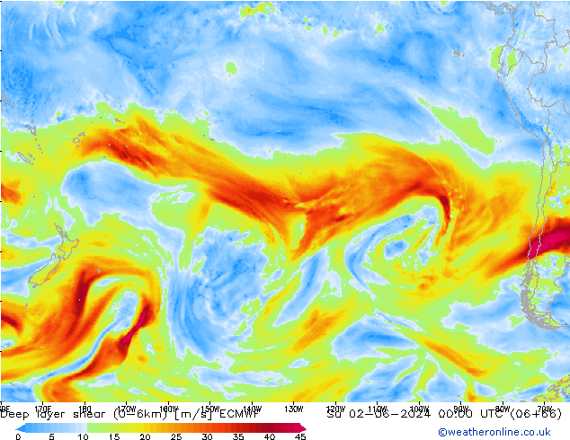 Deep layer shear (0-6km) ECMWF Вс 02.06.2024 00 UTC