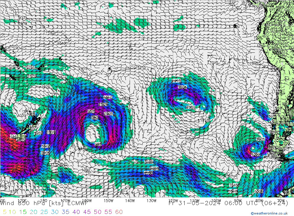 Rüzgar 850 hPa ECMWF Cu 31.05.2024 06 UTC