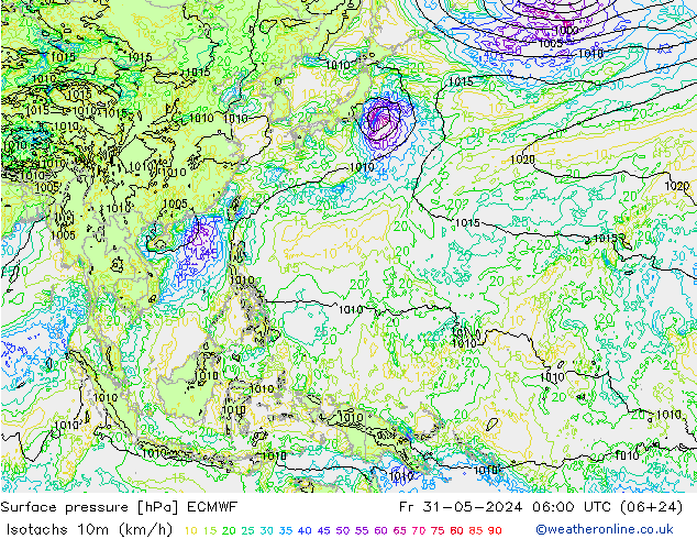 Isotachs (kph) ECMWF Fr 31.05.2024 06 UTC