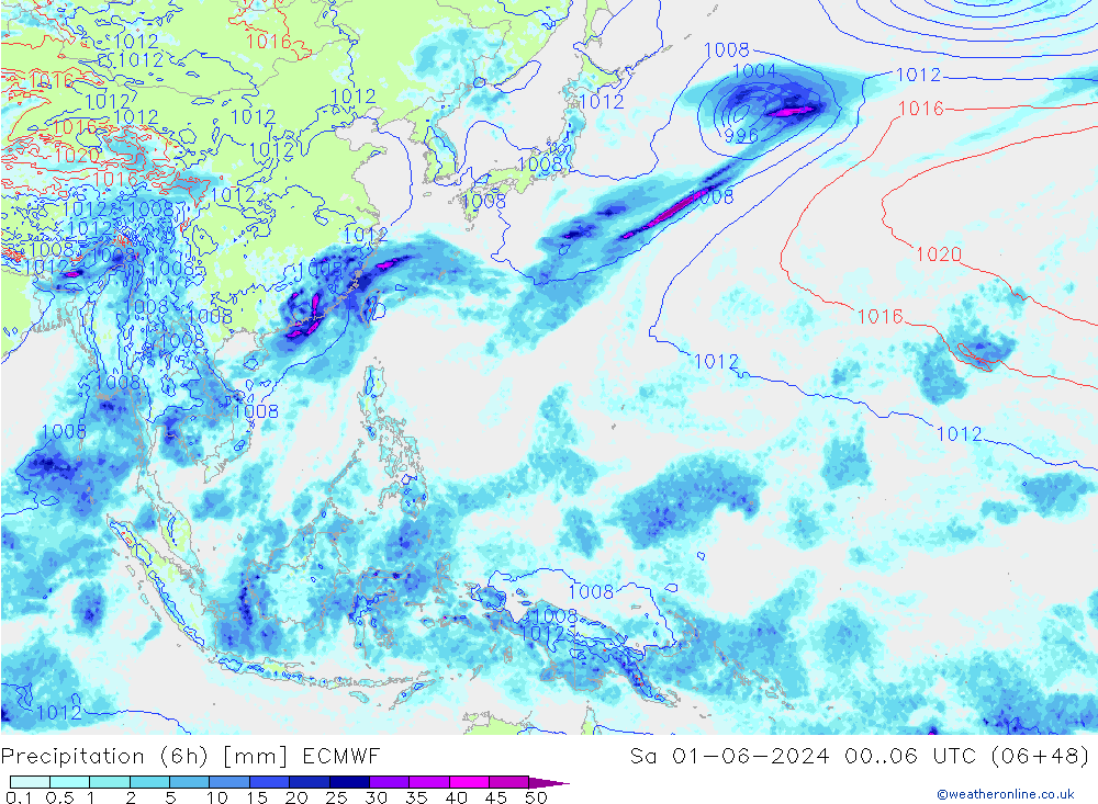 Précipitation (6h) ECMWF sam 01.06.2024 06 UTC