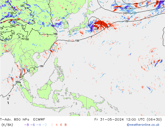 T-Adv. 850 hPa ECMWF Fr 31.05.2024 12 UTC