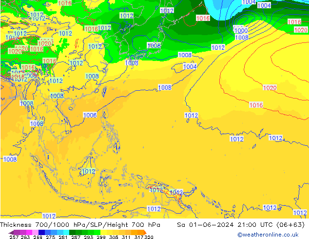 Thck 700-1000 гПа ECMWF сб 01.06.2024 21 UTC