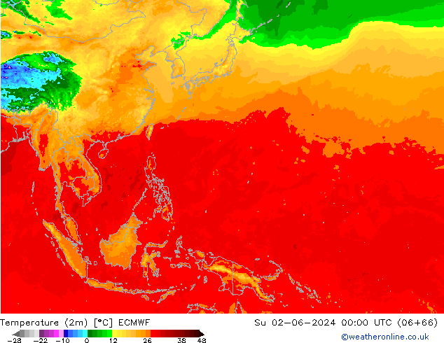 Temperature (2m) ECMWF Su 02.06.2024 00 UTC