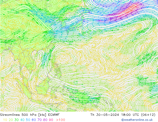 Linea di flusso 500 hPa ECMWF gio 30.05.2024 18 UTC