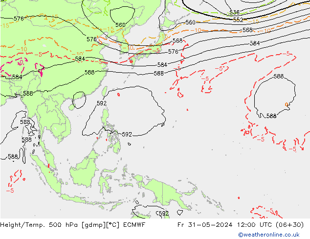 Z500/Rain (+SLP)/Z850 ECMWF Fr 31.05.2024 12 UTC