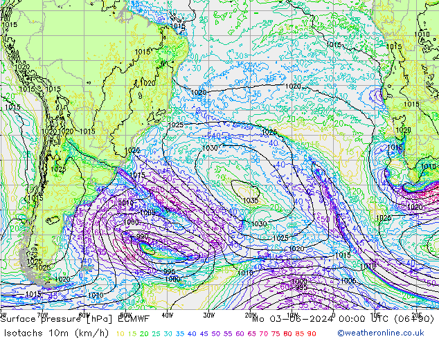 Isotachen (km/h) ECMWF Mo 03.06.2024 00 UTC