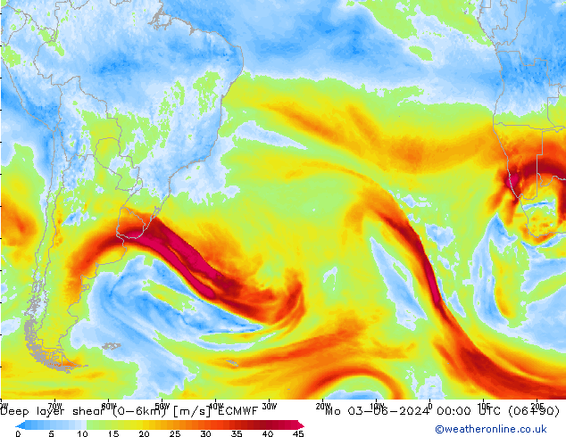 Deep layer shear (0-6km) ECMWF Mo 03.06.2024 00 UTC