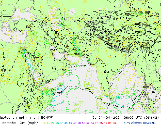 Izotacha (mph) ECMWF so. 01.06.2024 06 UTC