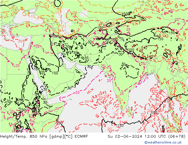 Yükseklik/Sıc. 850 hPa ECMWF Paz 02.06.2024 12 UTC