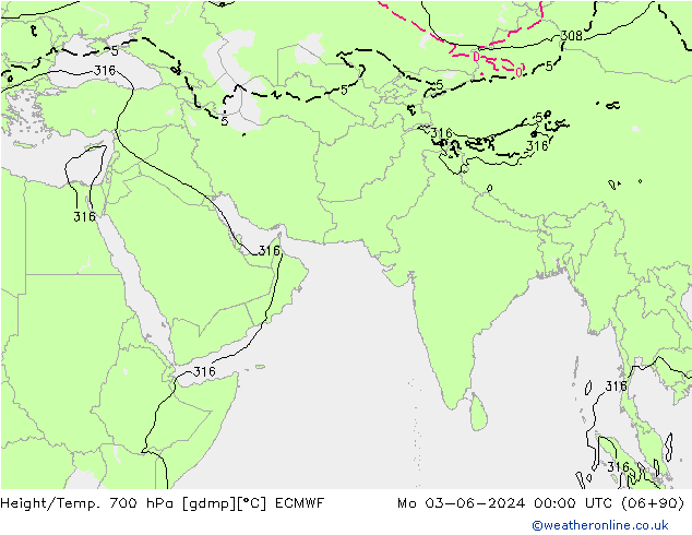 Height/Temp. 700 hPa ECMWF Po 03.06.2024 00 UTC