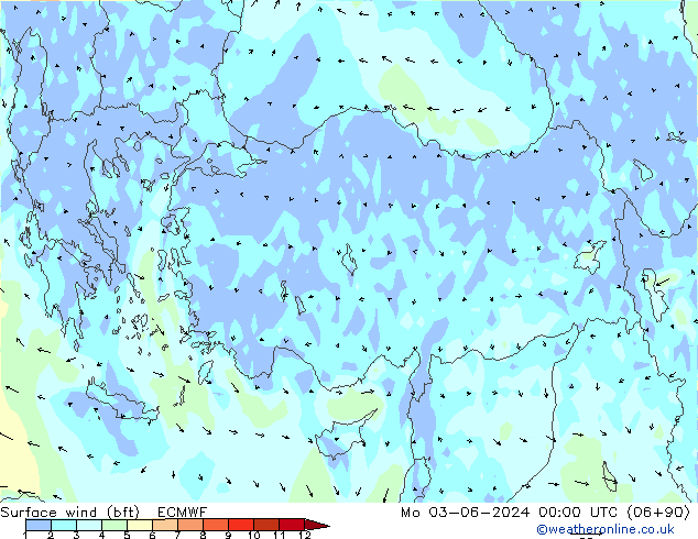 Surface wind (bft) ECMWF Mo 03.06.2024 00 UTC