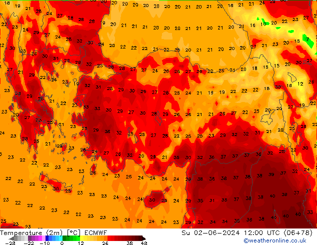 Temperatura (2m) ECMWF dom 02.06.2024 12 UTC